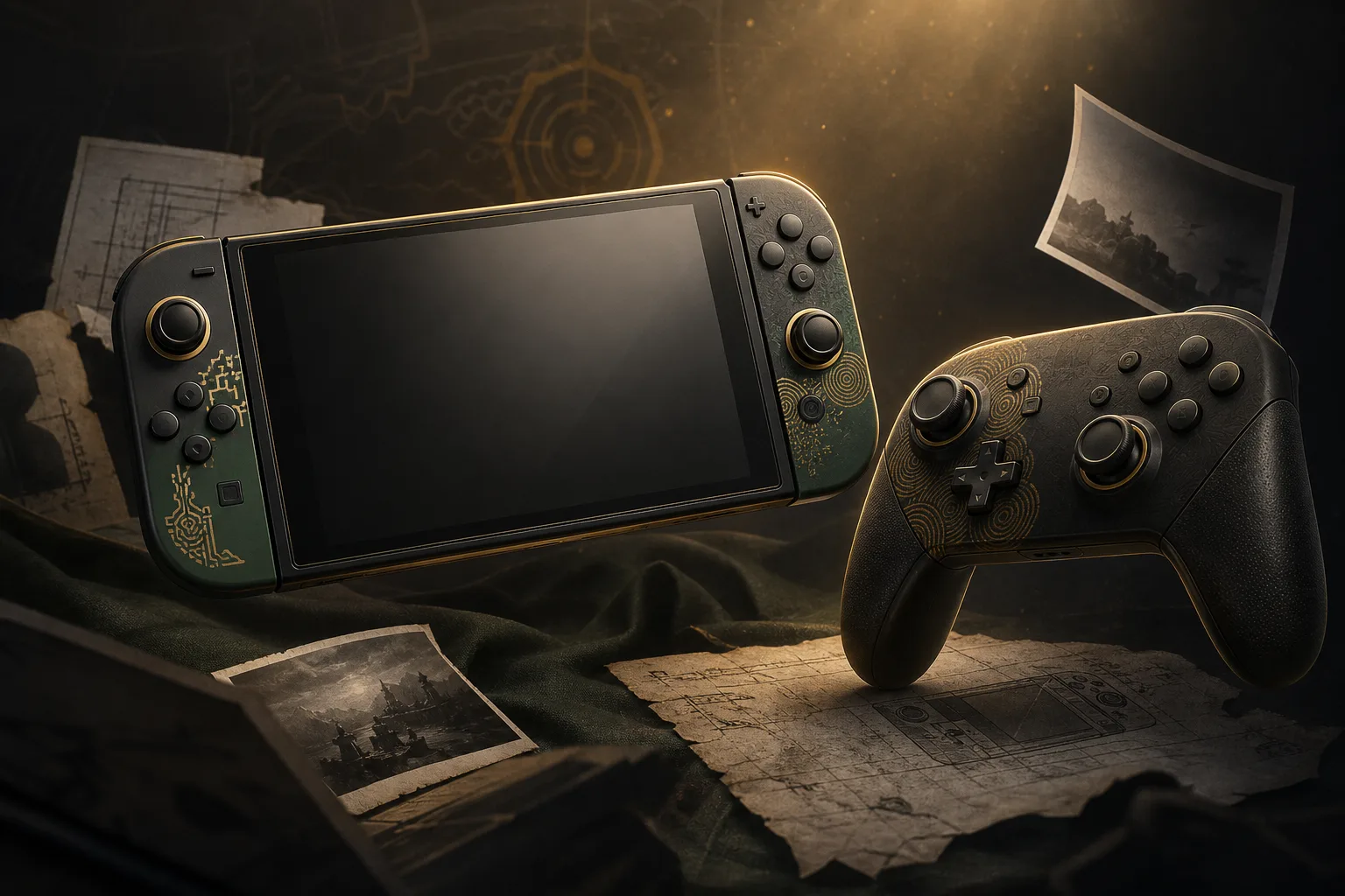 Editorial illustration for Leaked images show Zelda-themed Nintendo Switch 2 console and Pro Controller